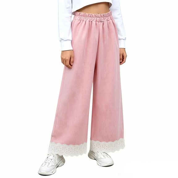 SHTXOZHI Girl's Wide Leg Pants Loose Elastic Waist Lace Trimmed Pants Casual Outdoor Boho Beach Vacation Bottoms