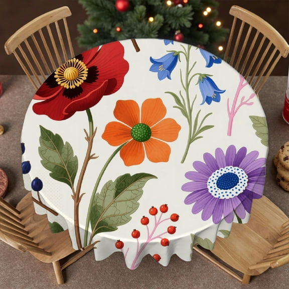 RKSupls 60 Inch Boho Colorful Blossom Flowers Print 60 Inch Round Tablecloth, 2D Flat Printing Festive Table Setting, Boho Colorful Blossom Flowers