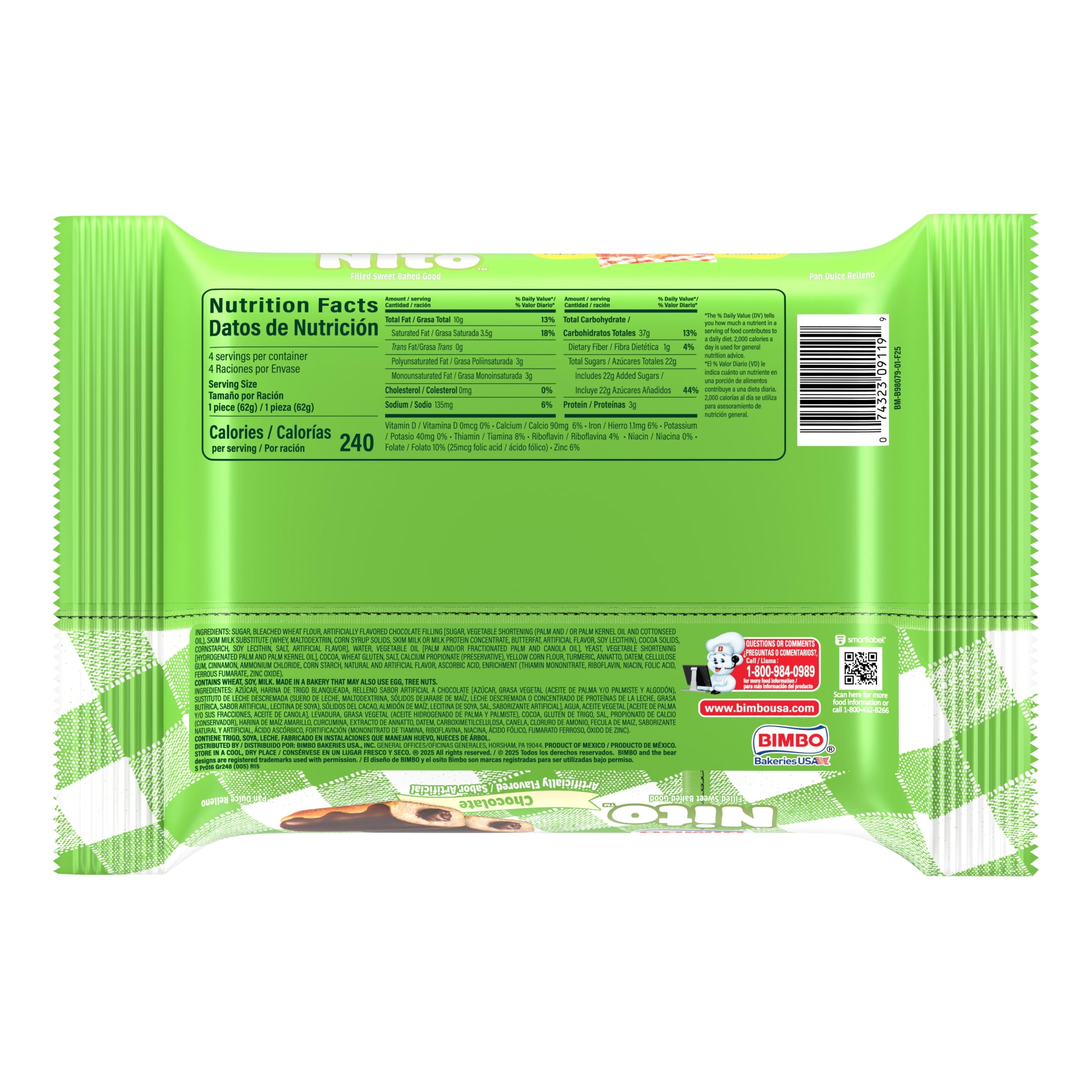 Bimbo Nito Chocolate Crème Filled Sweet Baked Good, 4 packs, 8.76 oz