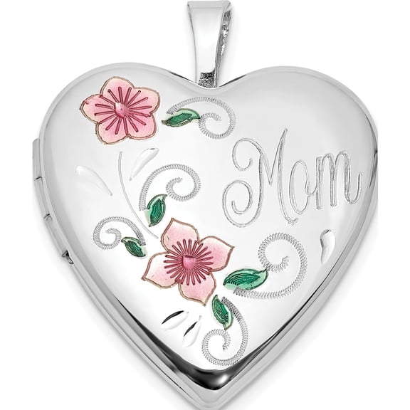 Sterling Silver Rhodium-Plated Epoxy 20Mm Floral Mom Heart Locket (Width 19.5) (Length 20.6) - Jbsp