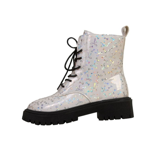 Bottines d'Hiver Décontractées pour Femmes à Bout Rond, Imprimé, Lacets, Fermeture Éclair Latérale avant, Talon Bas