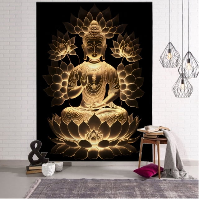 Tapiz colgante de pared con diseño de Buda, loto dorado, meditación, 150 x 130 cm