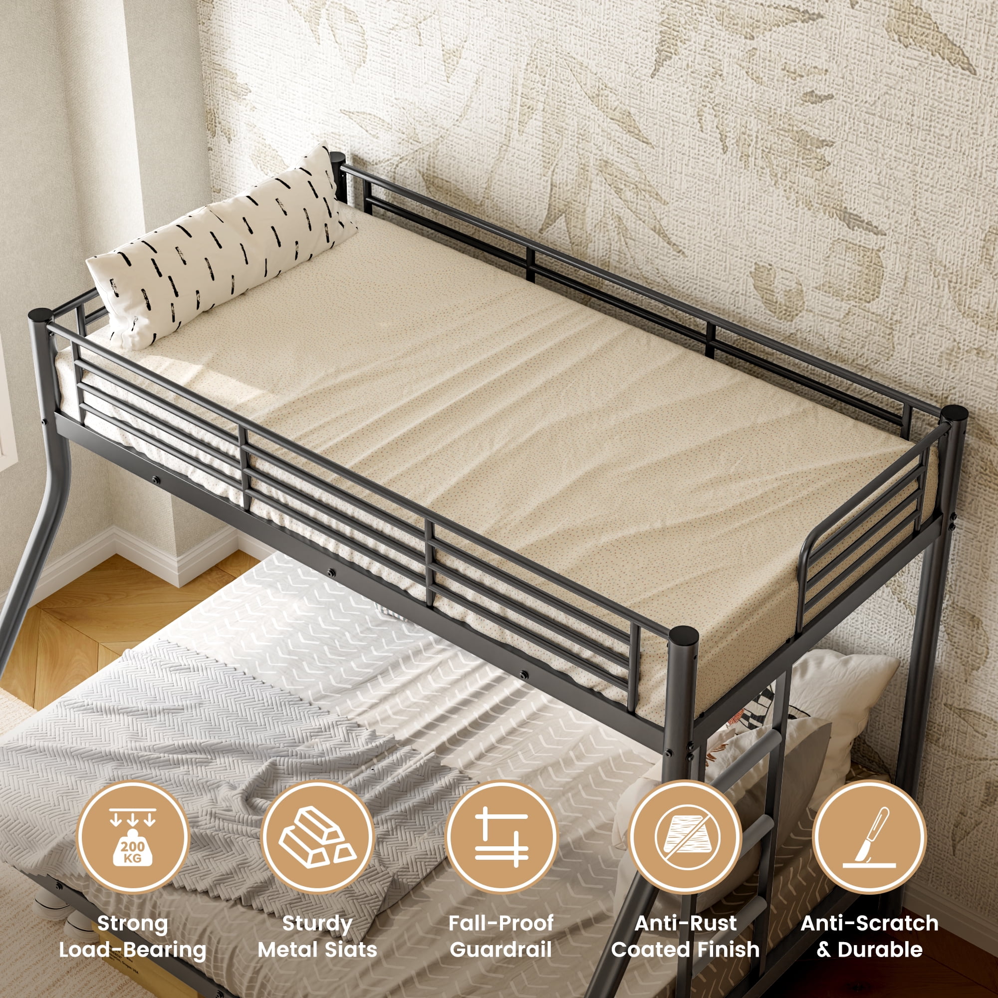 Space-Saving Black Twin Over Full Bunk Bed, Heavy-Duty Metal Bed Frame with Full-Length Rail and Ladder, Quiet Anti-Squeak Design for Kids Teens