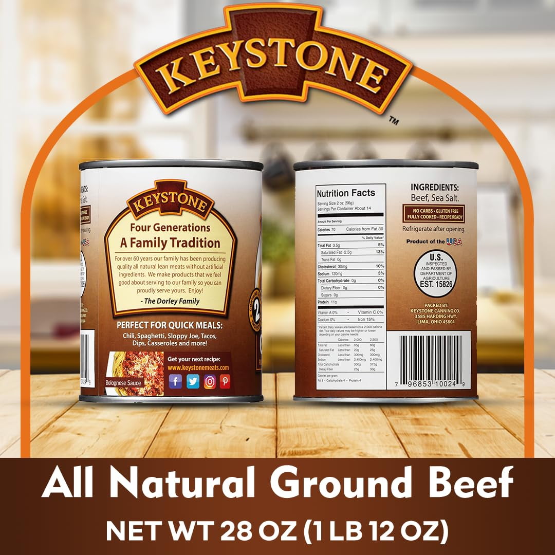 Keystone Meats All Natural Heat and Serve Ground Beef 28 oz – Fully Cooked Canned Meat – Ready to Eat – 5-Year Shelf Life – Emergency Survival Canned Food Made in USA