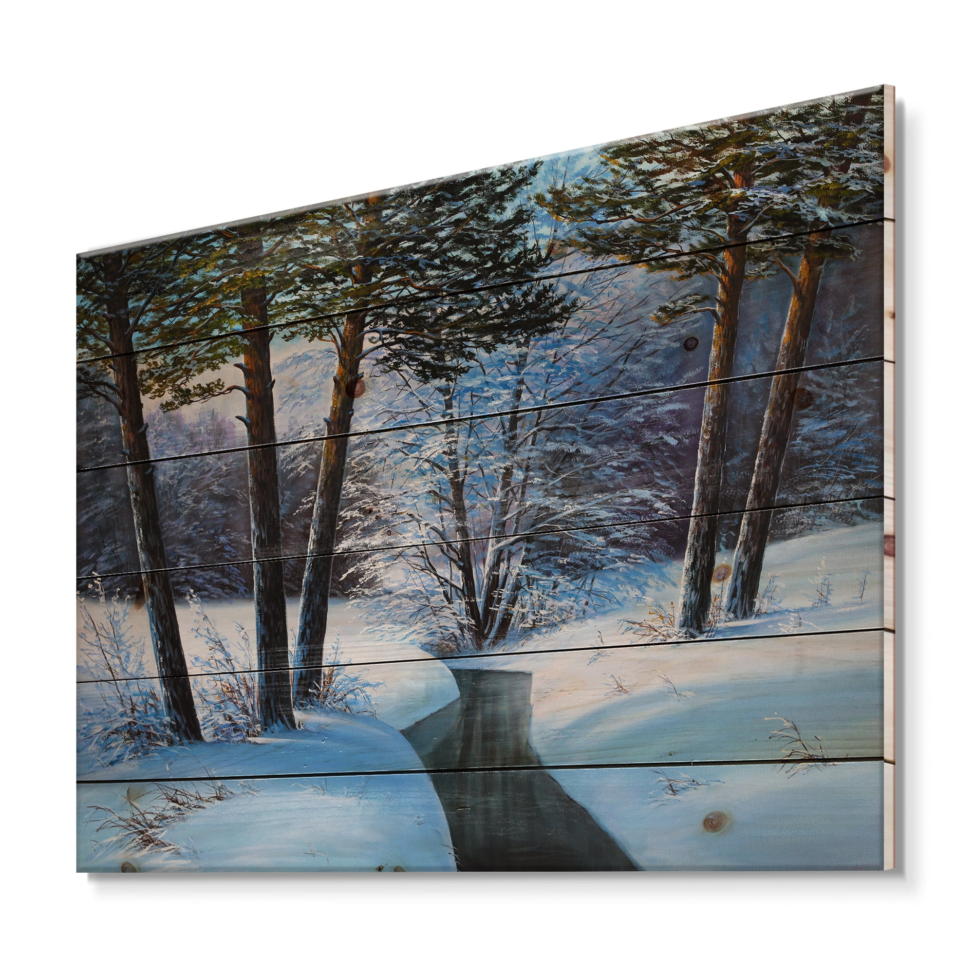Designart 'Christmas Forest With Trees and River III' Traditional Print on Natural Pine Wood