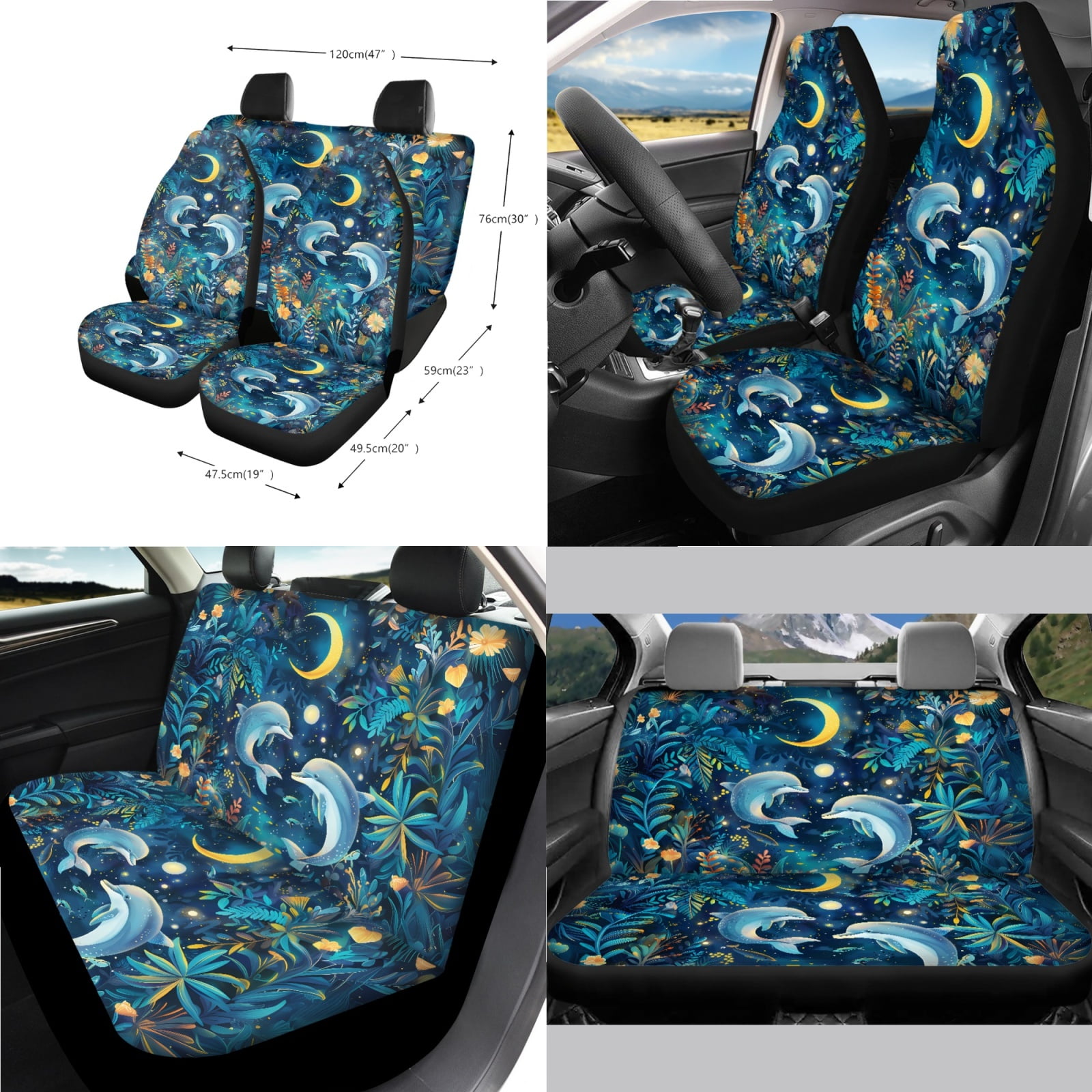 Jeiento Blue Dolphin Car Seat Cover Set with Auto Steering Wheel Cover Seat Belt Strap Protector Cup Holder Trash Bag Gear Shift Knob Cover Set Rear View Mirror Protector Floral Armrest Cover
