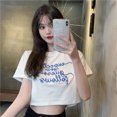thumbnail image 1 of VISgogo Camiseta holgada para mujer, estampado de letras bordadas, cuello redondo, manga corta, tops recortados, negro/blanco VISgogo  moda, 1 of 2