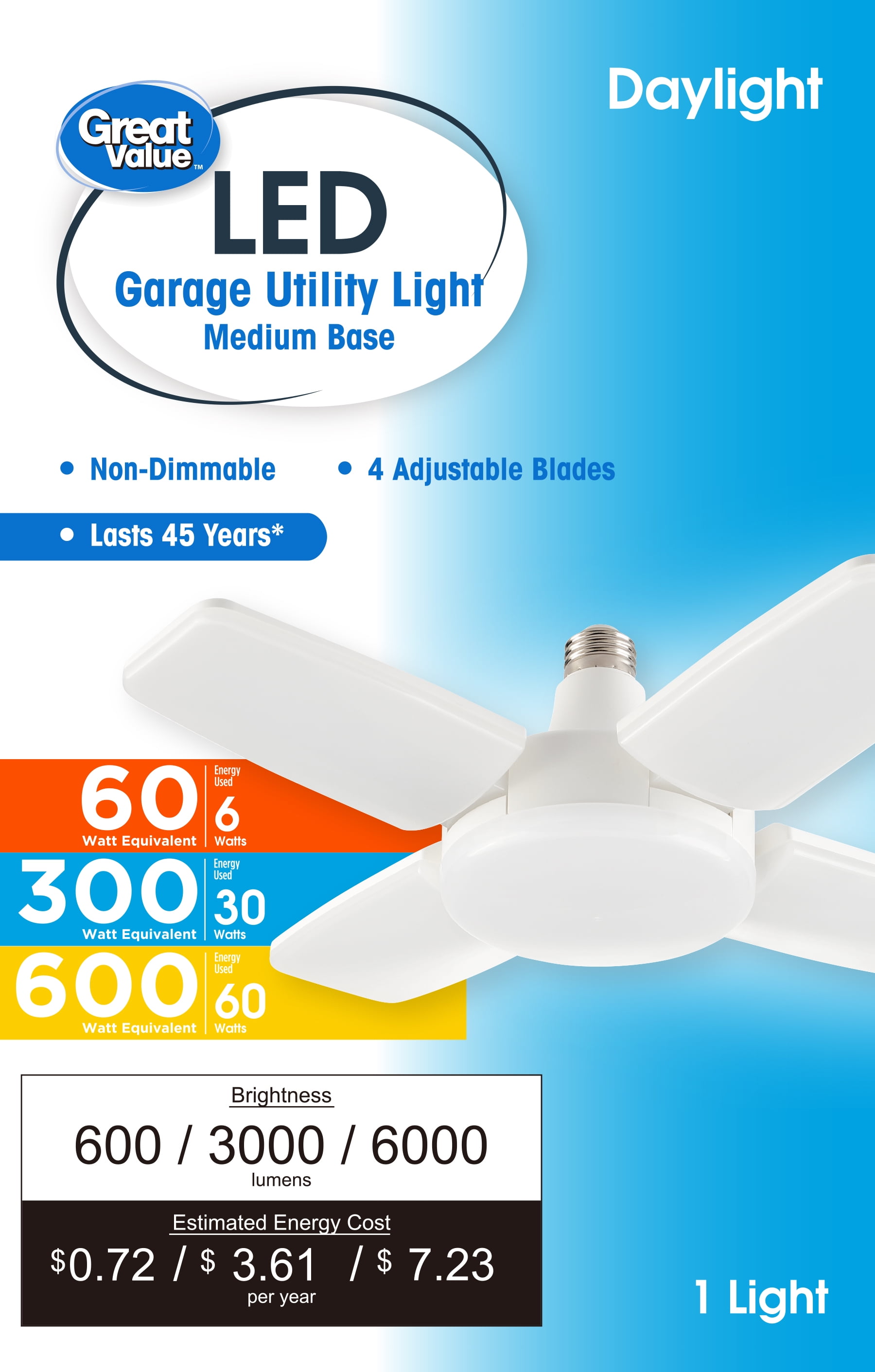 Great Value LED Daylight Garage Light, 6W/30W/60W (Brightness Selectable), E26 Screw-in Base