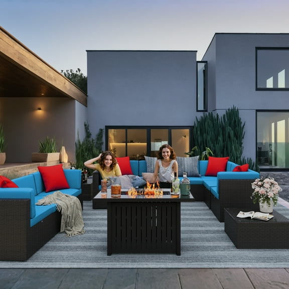 Devoko Exclusive 13 Pieces Fire Pit Seating, Outdoor Sectional Rattan Sofa Set with 50000 BTU Propane Fire Pit Table, Blue