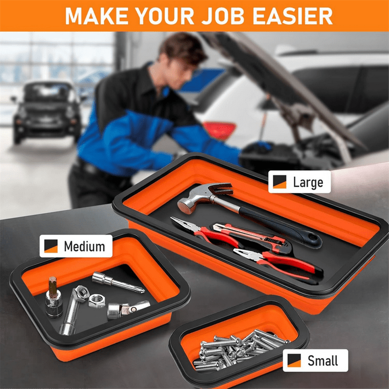 Sourcing Map 3pcs Collapsible Magnetic Parts Tray Set 3 Different Size Foldable Small Metal Parts Tool Tray Rectangle Silicone Bowls For Fixing Screw Bolts Nuts Washers Pins, Orange