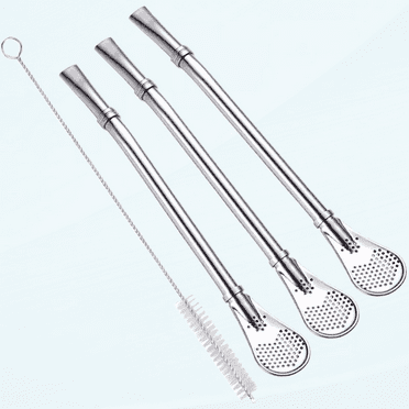 Mate Bombilla Gourd Drinking Filter Straws 304 Food-Grade Stainless Steel 6.1 inch Long Spoon Bombillas Straws for Mate Tea Set of 3 with Cleaning Brush (silver)