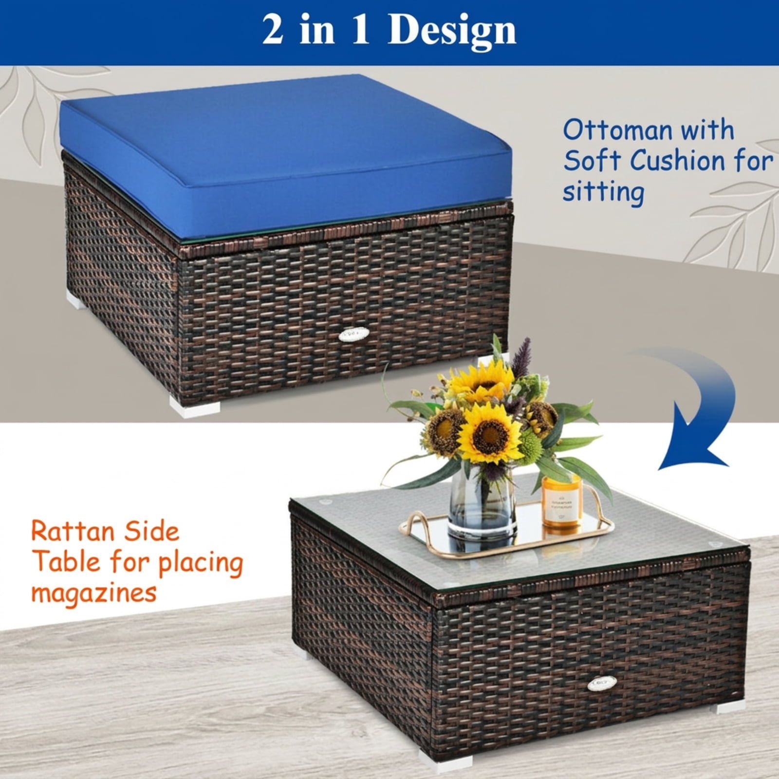 Furnibear 6 Piece Patio Rattan Furniture Set Outdoor Sectional Sofa Conversation Set with Cushions and Glass Table for Backyard Garden, Navy