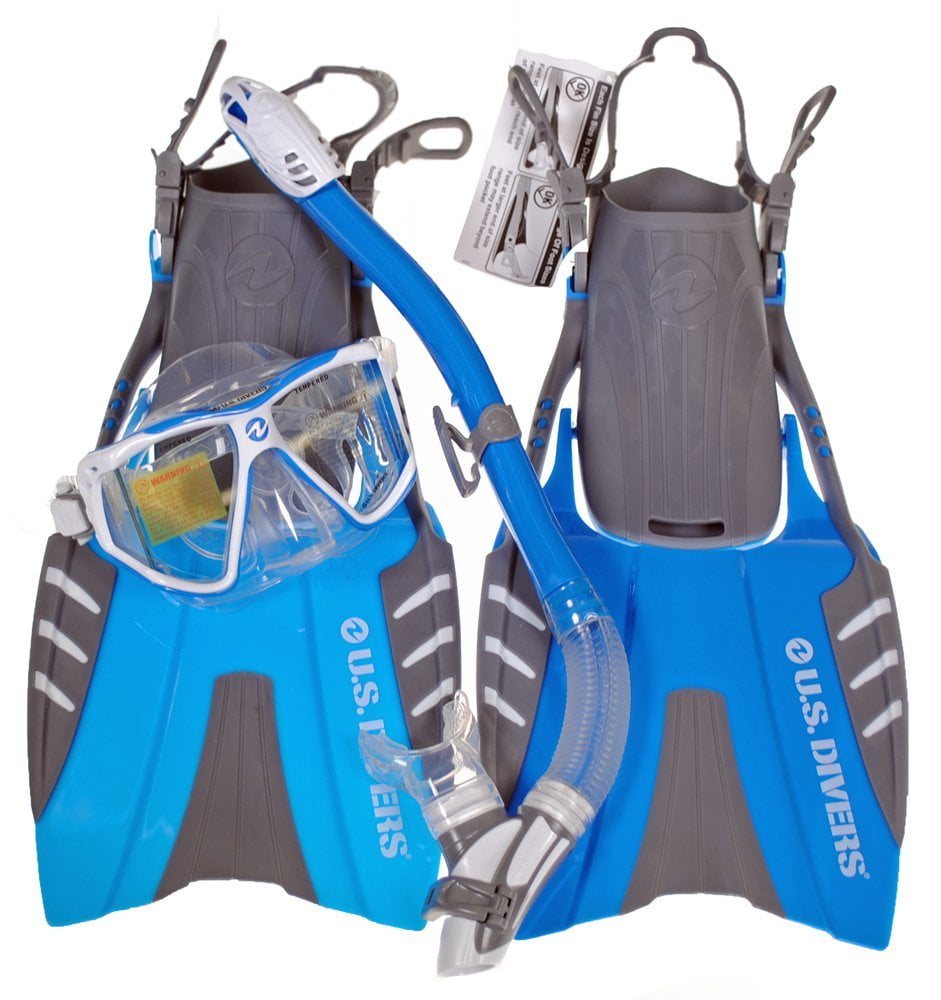 US Divers 4PC Dive Set Snorkel/Mask/Fins/Bag Blue/White Small