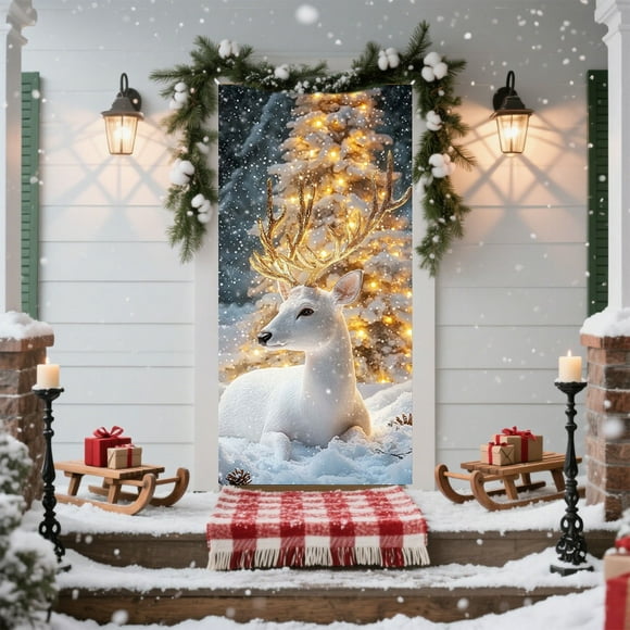 hengsof Christmas Door Cover Banner Holiday Porch Decoration Door Cover Santa Claus Pattern for Winter Wall Entryway Decor 35x71 Inch