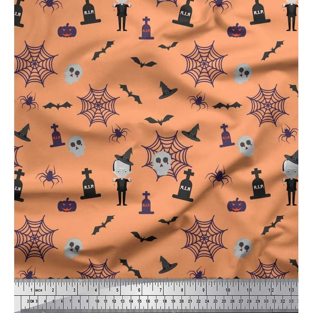 Soimoi Rayon Crepe Fabric Bat,Skull & Witch Halloween Print Sewing Fabric Yard 46 Inch Wide