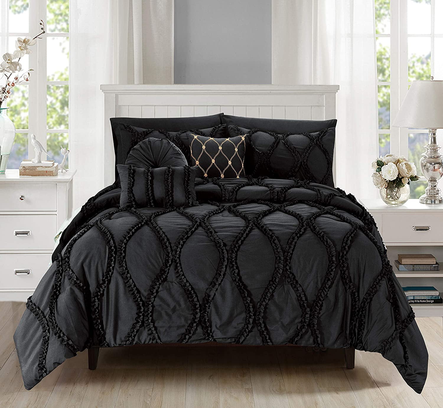 10-Pieces Infinity Design Comforter Set, Bed-in-a-Bag Includes Bed Sheet Set with Double Sided Storage Pockets and Decorative Pillows, Full/Queen, Black