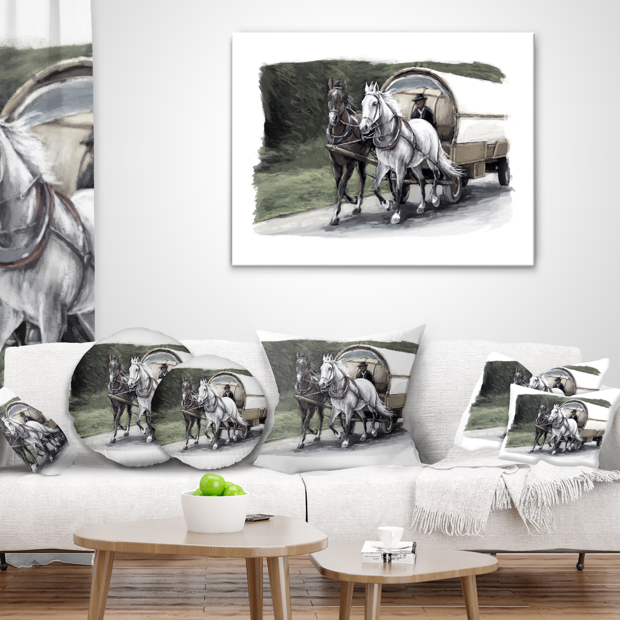 Designart Horse Cart Black and White - Animal Painting Throw Pillow - 16x16