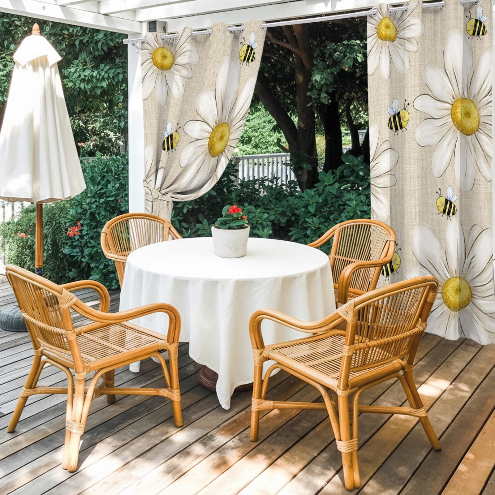 White Daisy Honeybees Outdoor Curtains for Patio, Farmhouse Floral Vintage Minimalist Sunshade Privacy Drapes Grommet Waterproof Outside Curtains for Porch/Cabana/Balcony 54"x 108", 1 Panel