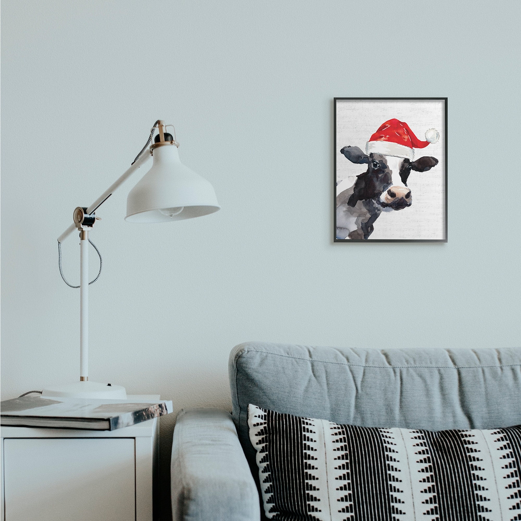 Stupell Industries Country Farm Cow Red Santa Clause Hat Holiday Painting Black Framed Art Print Wall Art, 11 x 14