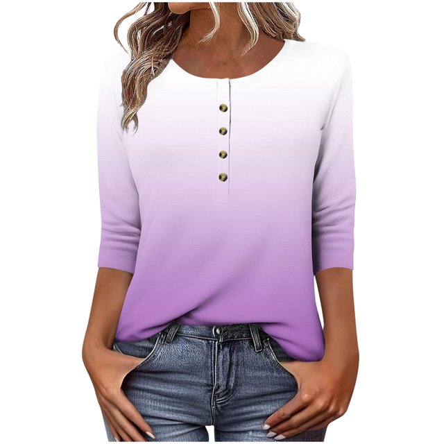 aidice 3/4 Length Sleeve Womens Tops Button Round Neck Comfy Fitting Casual Gradient Color Tee Shirts