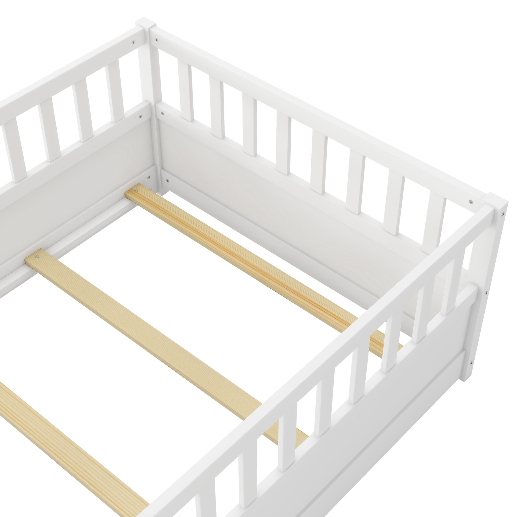 Noble House Twin Size Montessori Floor Bed with Guardrails and Door, Wood Kids Bed Frame, White