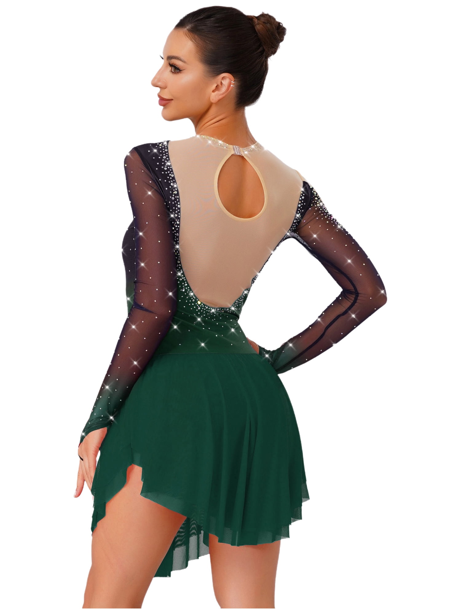 iiniim Womens Glittery Figure Skating Gradient Dress Gymnastics Active Costume Green L