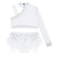 thumbnail image 3 of YUUMIN Kids Girls Crop Tank Tops with Feather Skirted Briefs Set Modern Latin Jazz Ballroom Dance Costume White 8, 3 of 7