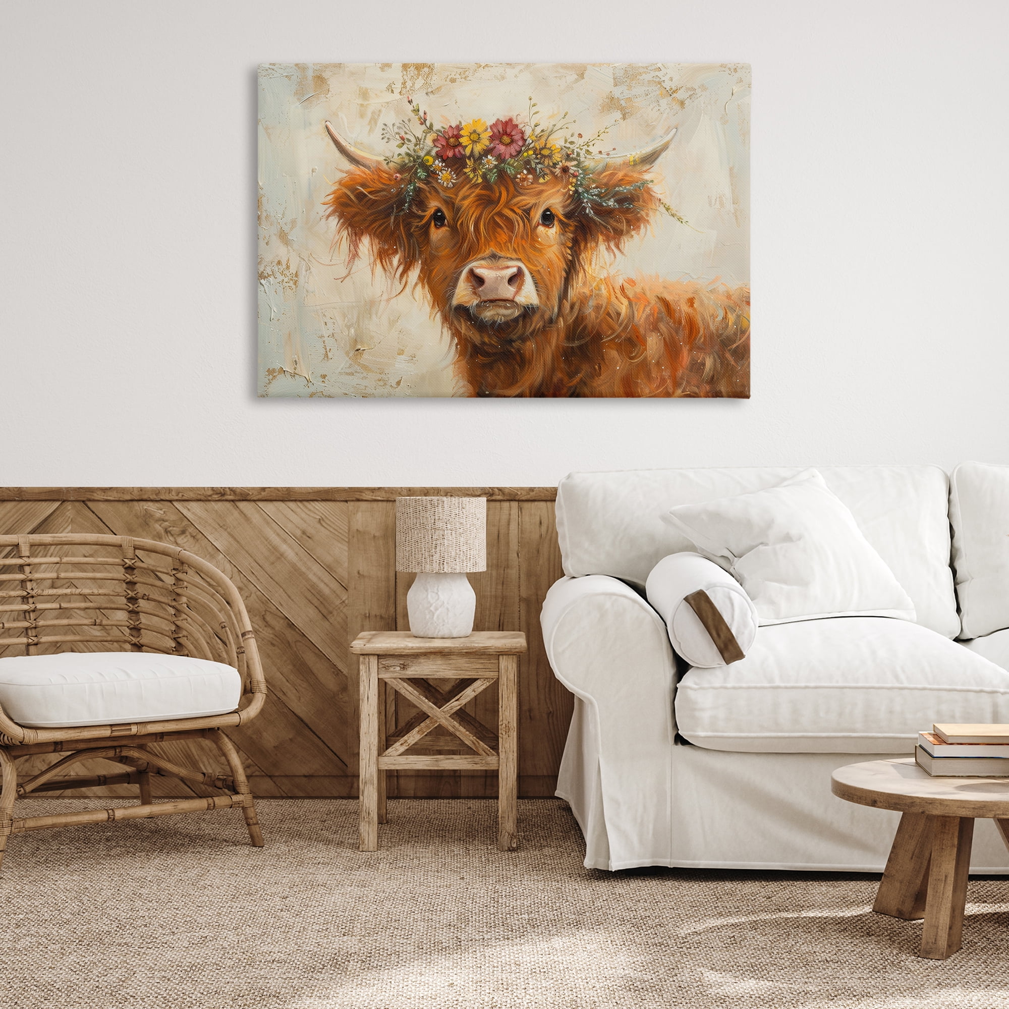 Stupell Industries Floral Crown Highland Animals & Insects Painting Gallery Wrapped Canvas Art Print Wall Art, 45 x 30