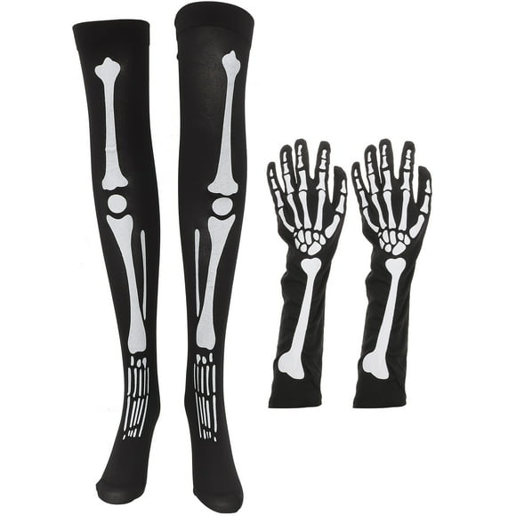 1 Juego de medias y guantes con patrón de esqueleto de Halloween, calcetines y guantes largos elegantes a la moda para fiesta de Halloween, disfraz de Cosplay