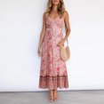 thumbnail image 4 of Vestido largo con escote en V y estampado floral, color rosa, con tirantes finos, espalda descubierta y dobladillo con volantes, estilo veraniego, talla L, 4 of 8
