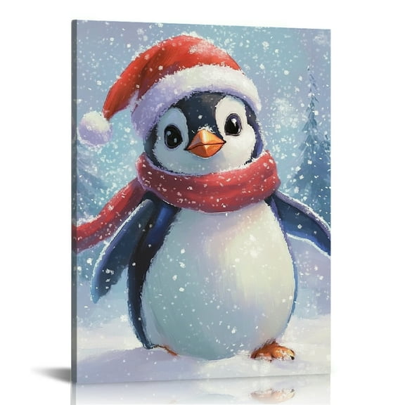 FCXZI Penguin Santa Hat Snow Canvas Prints Wall Art Home Decor 12x16in