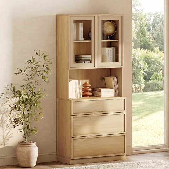 Modern 72" Tall Bookshelf with 3 Drawers and Book Shelves, Library Bookcase with Storage Cabinet and Glass Display Shelves,Oak