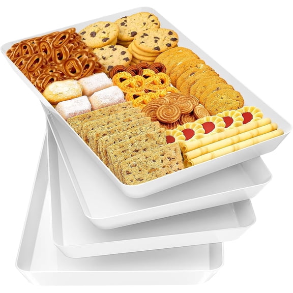 4-Pack Serving Tray Set, Reusable Plastic Serving Platter for Party Supplies, Entertaining, Grilling Accessories, Stackable Kitchen Snack Box Container for Dessert, Fruit, Cookie, (White)