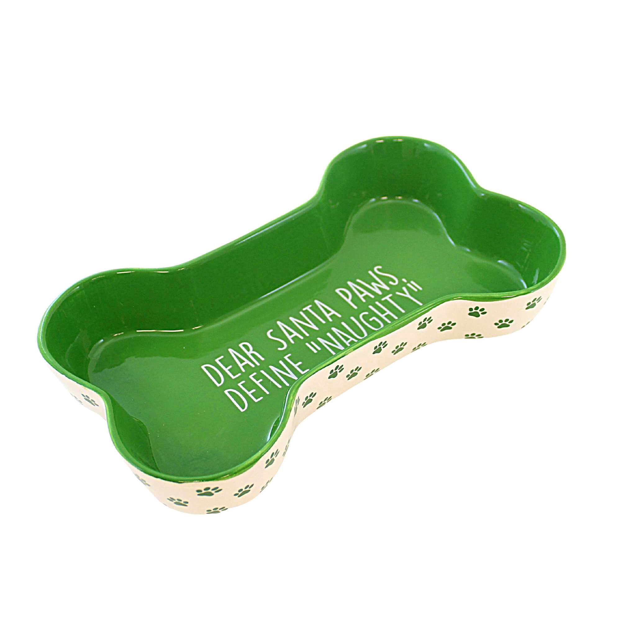 Transpac Holiday Pet Bowls - One Bowl 1.75 Inch, Ceramic - Bone Shape Paw Prints Y9088 Green