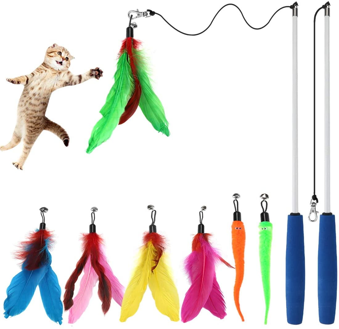 2Pcs Natural Feathers and1 Cat Wand Toy Cat Toys Interactive Cat Feather Wand Powerful Suction Cup for Indoor Kitty Old Cat Exercise 