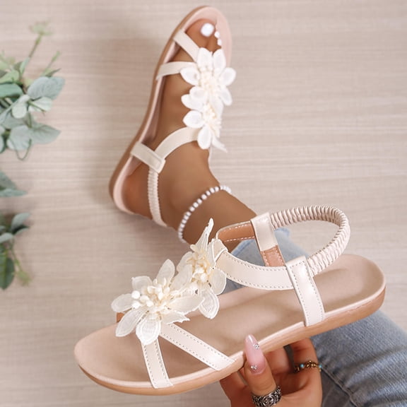 Samdudou Women Flat Sandals Open Toe Flower Decor Gladiator Sandals Summer Dressy Casual Strappy Slide Shoes Slingback Elastic Ankle Strap Beach Walking Vacation Outdoor Daily Wear