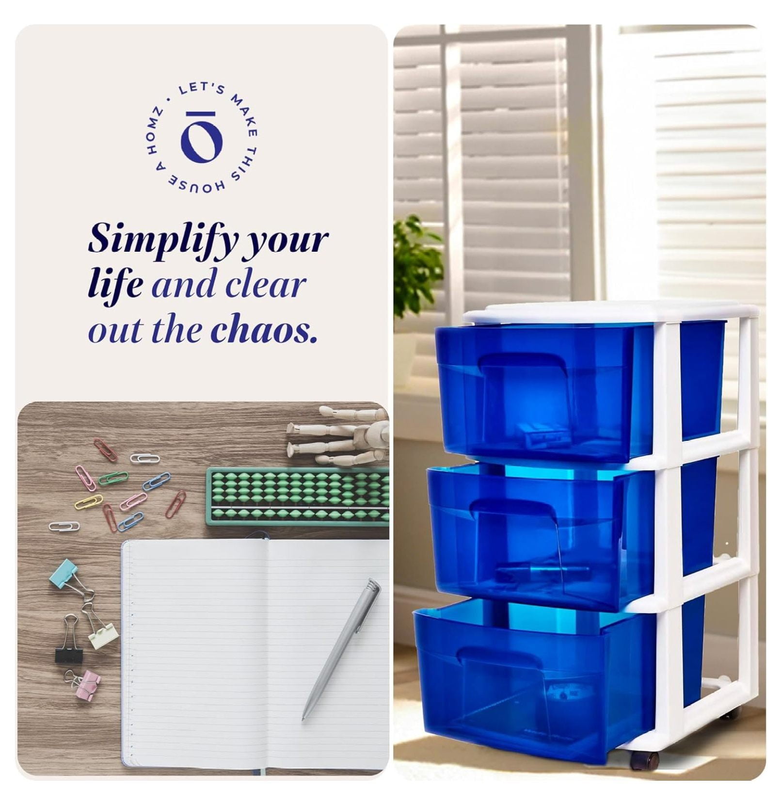 3-Drawer Storage Cart, Plastic Home & Office Organizer, Blue w/ White Frame White Frame/Blue Drawers