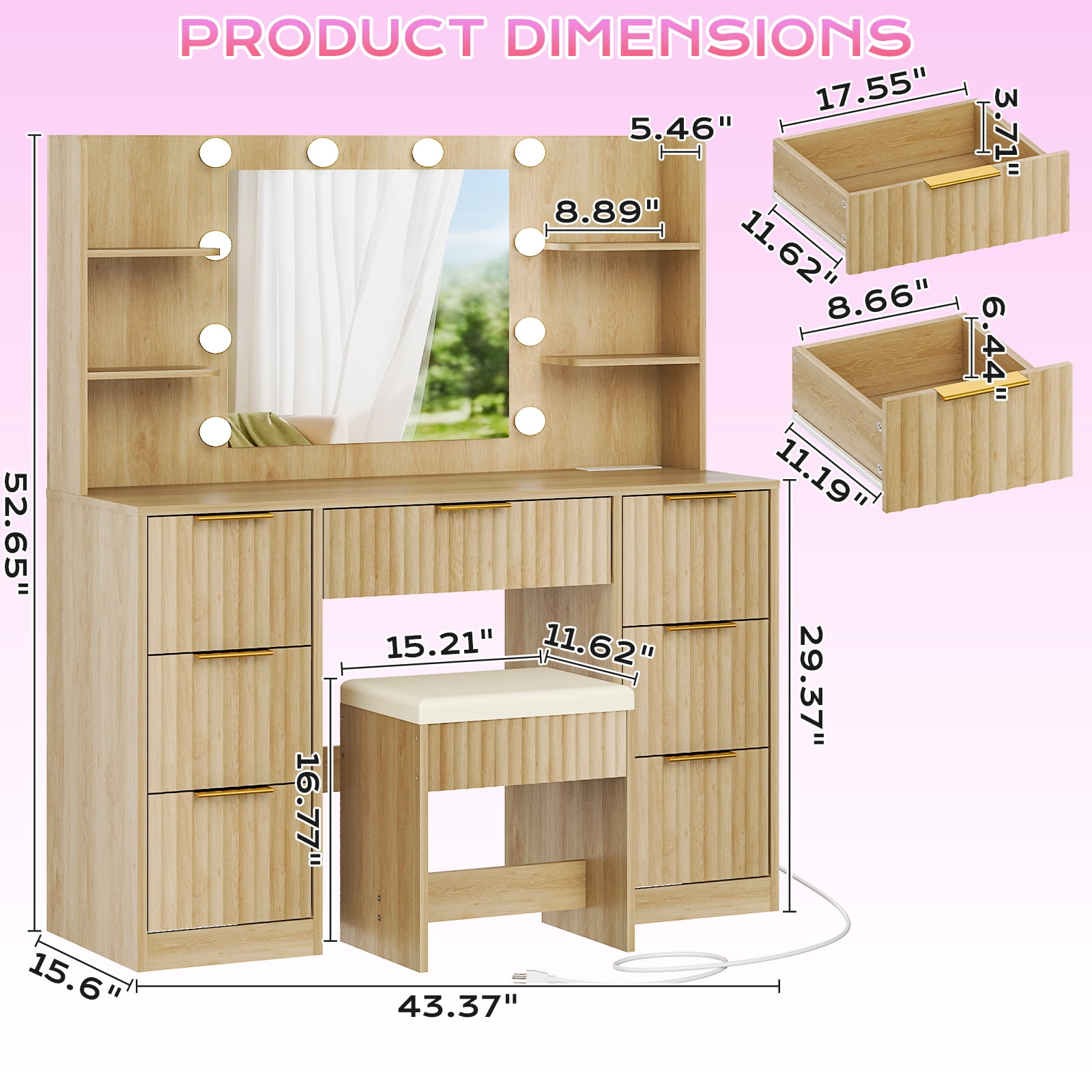 Zimtown Lighted Makeup Vanity Desk with Mirror and Charging Station, Vanity Table with 7 Drawers & 4 Storage Shelves for Dressing Room Bedroom, Oak