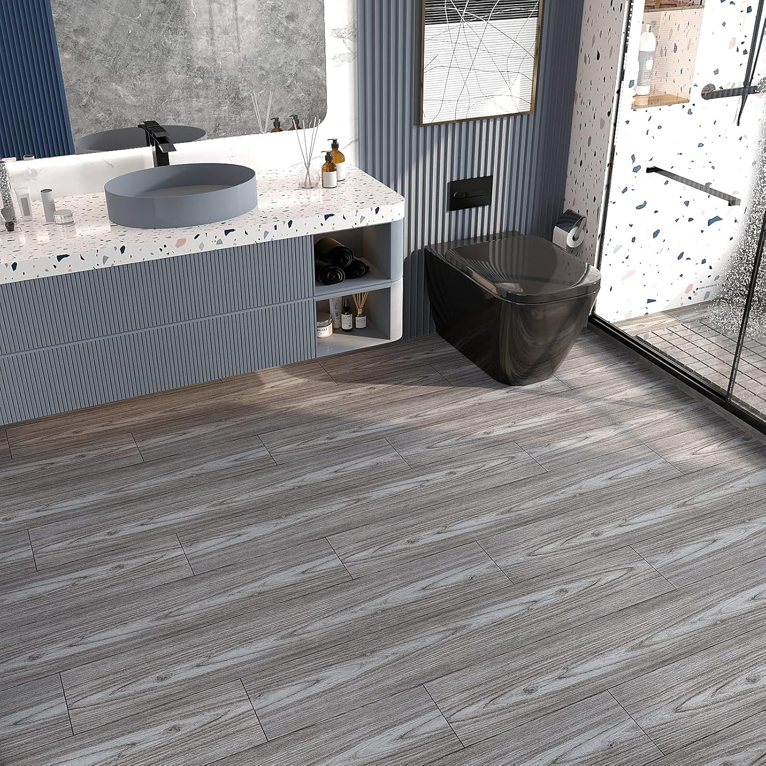 VEELIKE 6''x36'' Grey Oak Wood Peel and Stick Floor Tile Waterproof Bathroom Kitchen Grey Wood Vinyl Plank Flooring 36-Pack, 54 Sq. Ft, Self Adhesive Laminate Flooring for Living Room Bedroom RV
