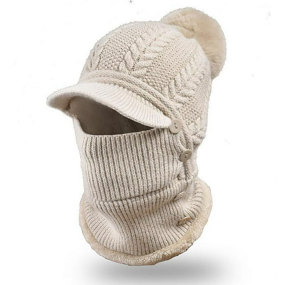 SHAR Dww-chapeau Polaire Capuche - Couvre Cou En Tricot Beige Chapeau Pais Avec Cache Visage Amovible Chapeau Polaire Coupe-vent Avec Grand Pompon Couvre