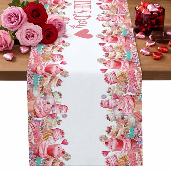 Happy Valentine's Day Table Runner 14 x 72 Inch, Colorful Sugar Red Love Heart Romantic Cake Washable Cotton Linen Dining Table Runner Tabletop Decorations for Restaurant Home Kitchen Party