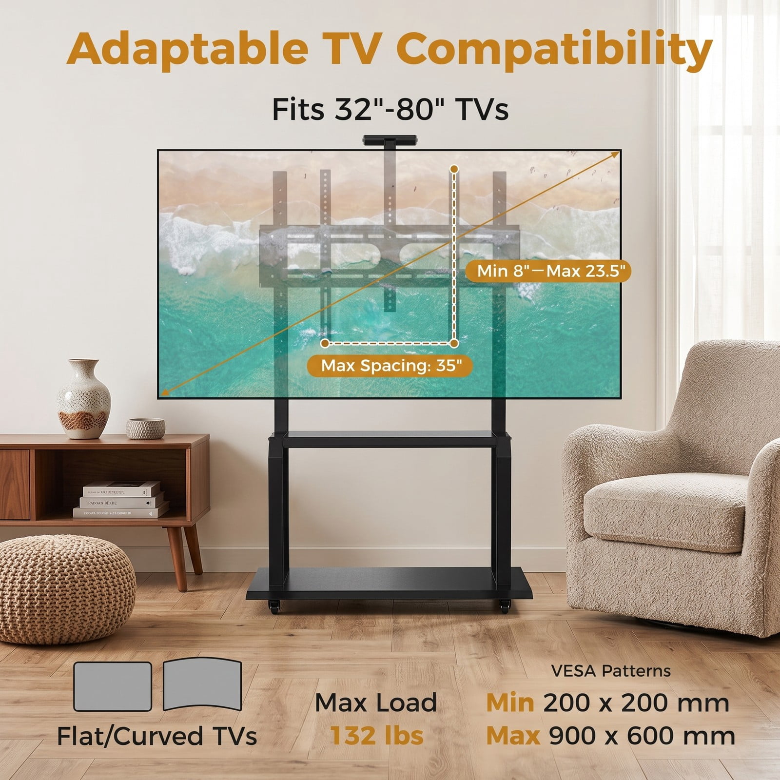 Furnibear Mobile TV Stand with Camera Shelf and AV Shelves for 32-80 Inch Flat Curved TVs, Height Adjustable Rolling Floor TV Cart with Locking Wheels, Holds up, Black