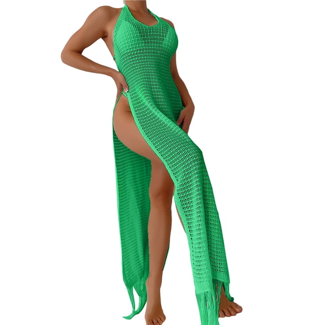 xiaxaixu Paréos Tricotés pour Femmes, Robe d'Été Dos Nu à Fente et Tour de Cou avec Franges pour Plage et Maillot de Bain