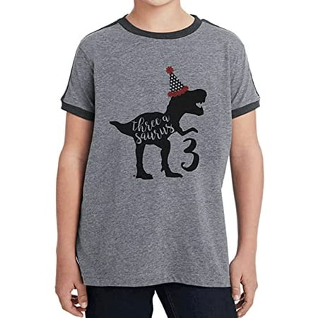 

7 ate 9 Apparel Kids Three asaurus 3rd Dinosaur Dino Birthday Shirt for Boys 3 3rd Three Grey Ringer Tee