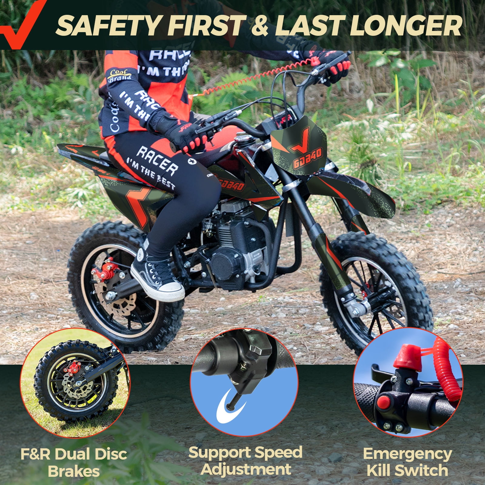 FRP OGM40 Kids Dirt Bike, 40CC 4-Stroke Dirt Bike for Kids, Gas Powered Off-Road Mini Bike with Front & Rear Disc Brake, Up to 20 Mph, Weight Support Up to 160 LBS（Black）