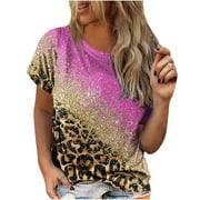 Yyeselk Sparkly Shirts for Women Cute Leopard Print Loose Fit Tunic Tops Trendy Crew Neck Short Sleeves Summer Ladies Pullover Blouses Pink M