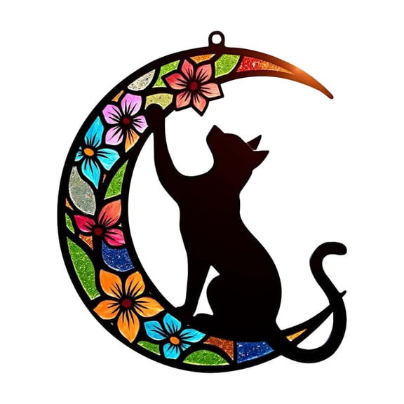 Clearance Under $1.49! 1 Pack Acrylic Cat Moon Stained Glass Window Hanging 15cm Halloween Decor