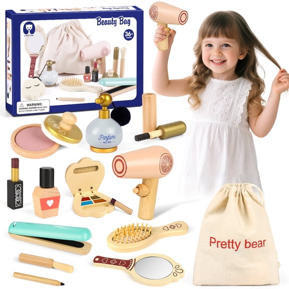 Flooyes Makeup Kit For Little Girl, Wooden Makeup Toy Set With Beauty Salon For Kids, Birthday Gift For 3 4 5 6 7 8 Year Old Toddlers