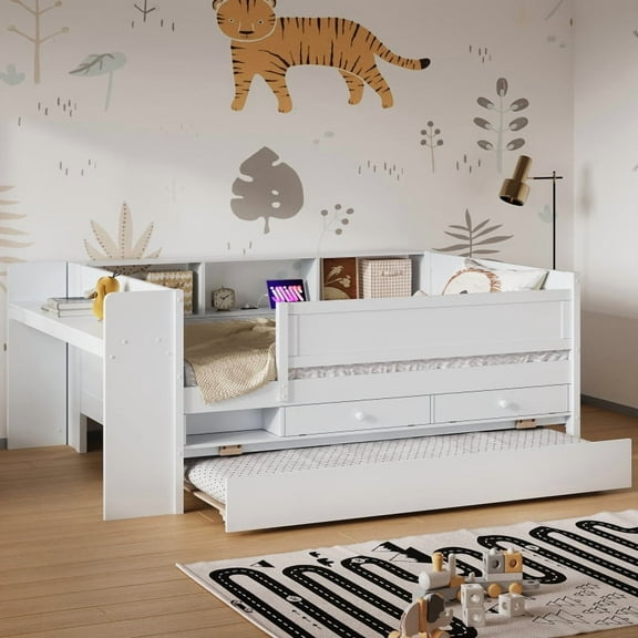 Multi-Functional Twin Daybed with Drawers and Trundle,  Headboard Storage and Tables, USB Charging Station, White