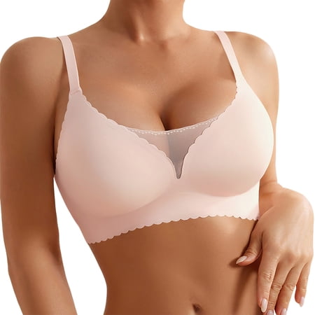 Arlun Wireless Seamless Bras for Women Push up Supportive Deep V Sexy Bra No Underwire - Padded No Wire Mesh Lace Splicing Scalloped Comfort Breathable Bralette Light Pink S
